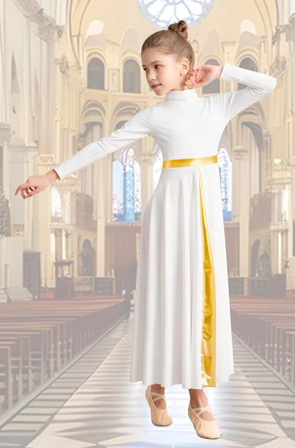 Girls Praise Dance Dress Long Sleeve Worship Church Dancewear Liturgical High Neck Costume,Upper Lining