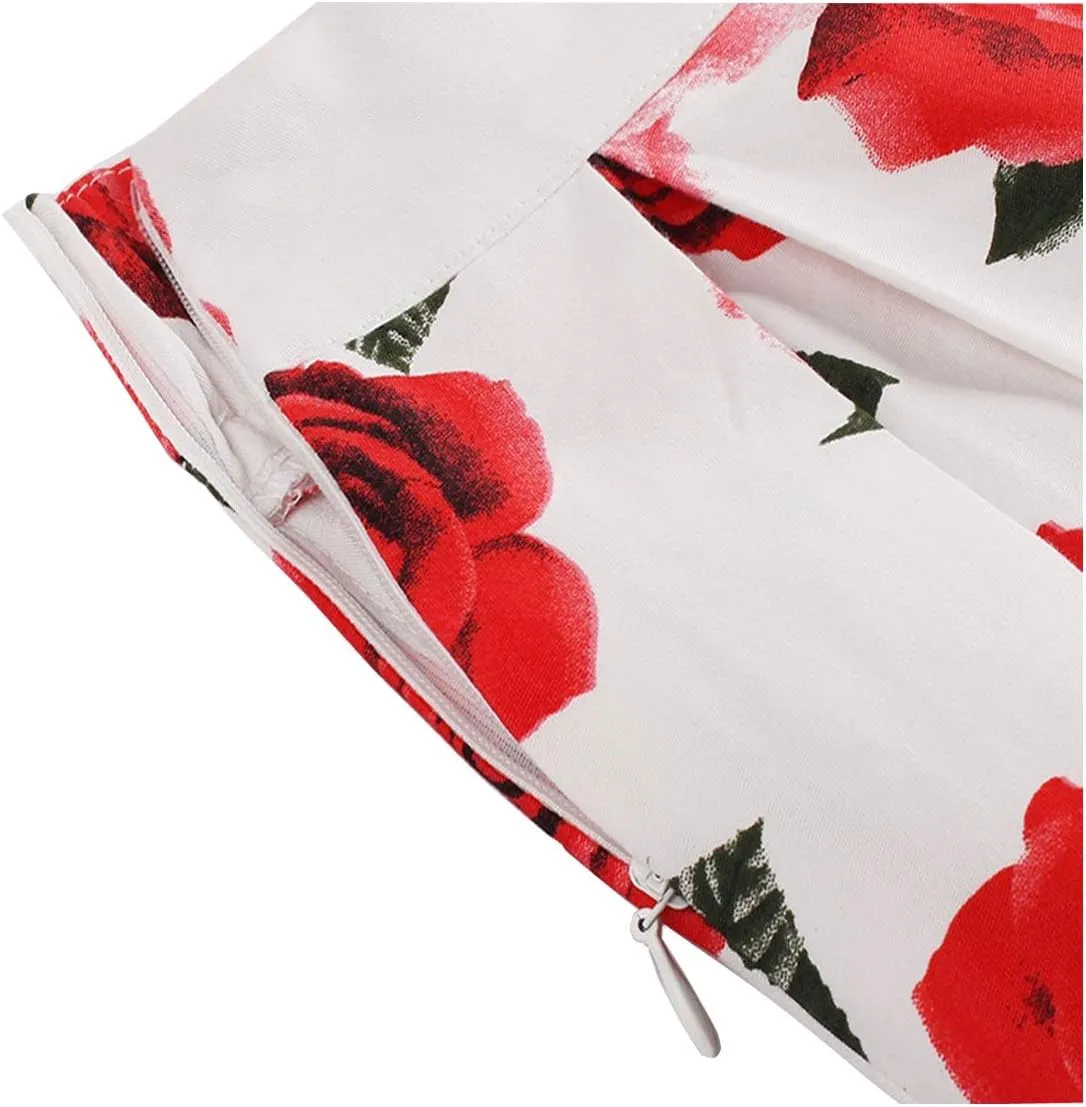 Girstunm Women's Pleated Vintage Skirt Floral Print A-line Midi Skirts with Pockets