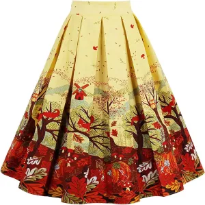 Girstunm Women's Pleated Vintage Skirt Floral Print A-line Midi Skirts with Pockets