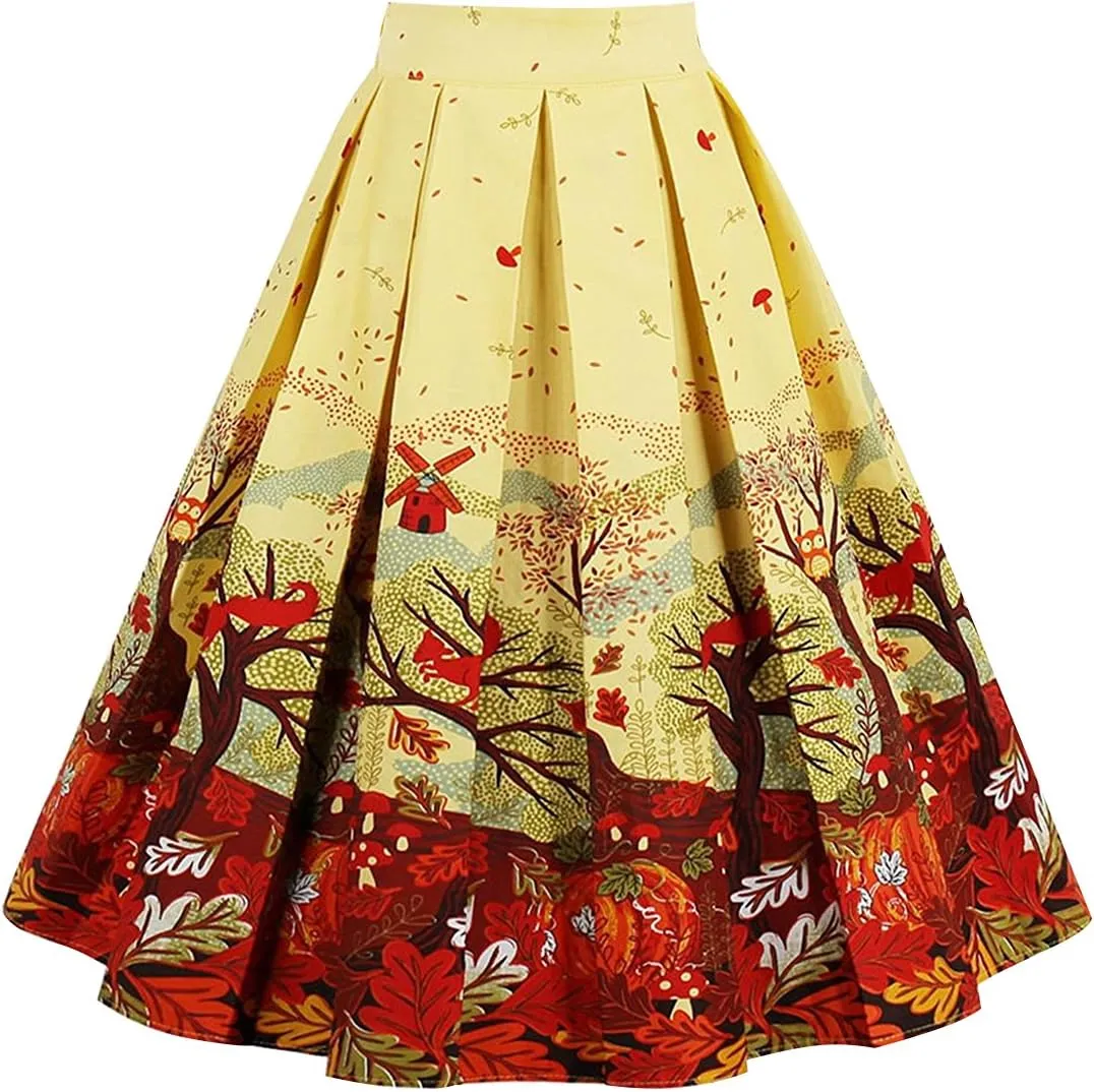 Girstunm Women's Pleated Vintage Skirt Floral Print A-line Midi Skirts with Pockets