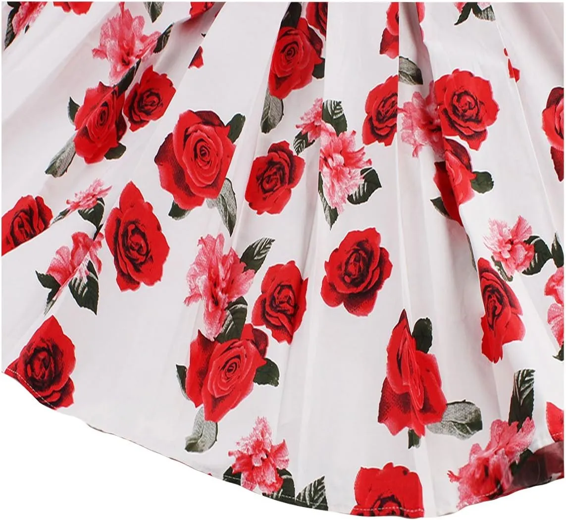 Girstunm Women's Pleated Vintage Skirt Floral Print A-line Midi Skirts with Pockets