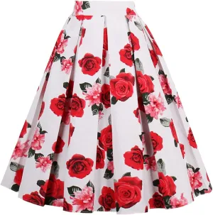 Girstunm Women's Pleated Vintage Skirt Floral Print A-line Midi Skirts with Pockets