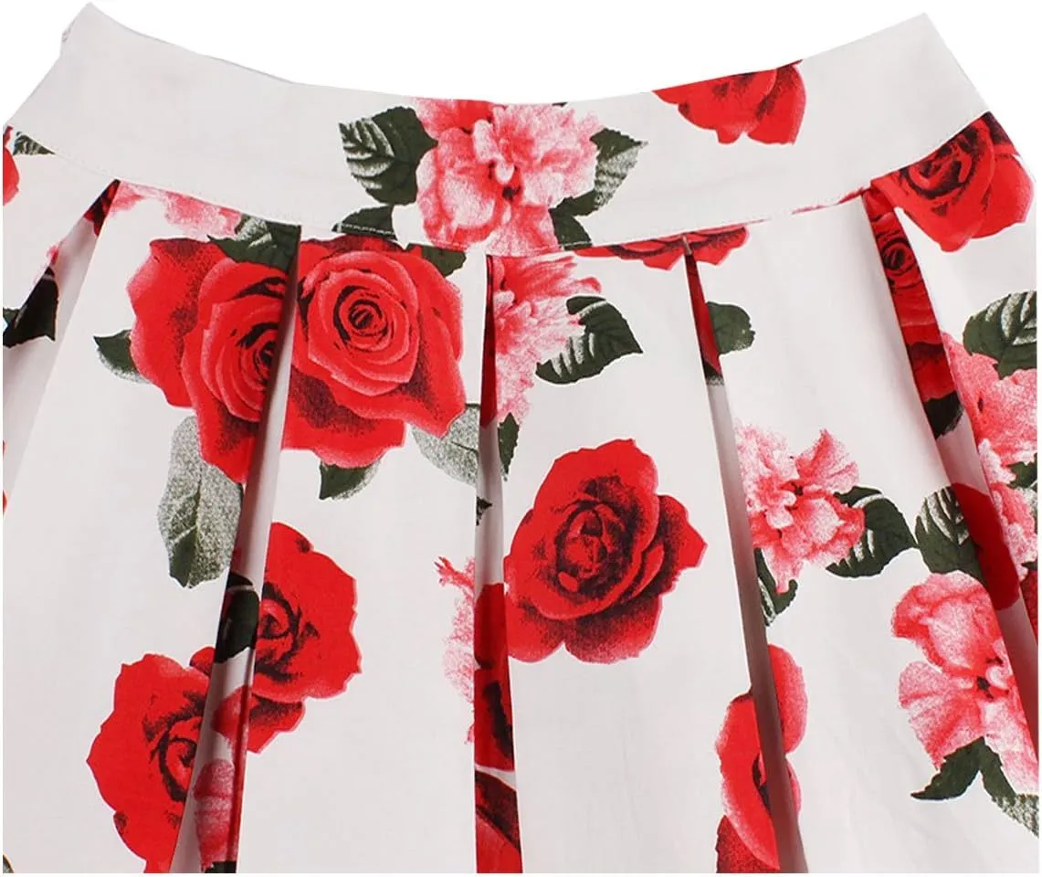 Girstunm Women's Pleated Vintage Skirt Floral Print A-line Midi Skirts with Pockets