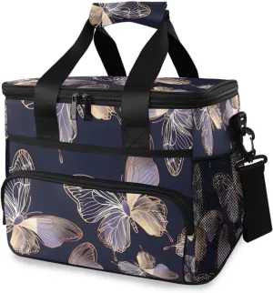 Gold Butterfly Blue Butterflies Cooler Bag Insulated Cooler Soft Sided Cooler 24 Can Portable Picnic Bag Large Leakproof Lunch Bag Box for Beach Grocery Camping Travel Car Men Women