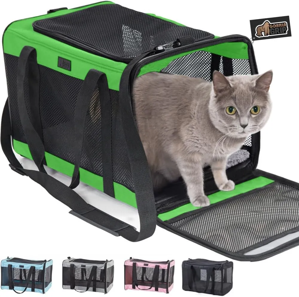 GORILLA GRIP Cat Carrier Travel Bag Up to 15 Lbs, Soft Collapsible Dog Carriers, Kennel for Small Animals, Top and Side Entry Breathable Mesh, Grip Feet Underside, Cozy Washable Waterproof Pad, Green