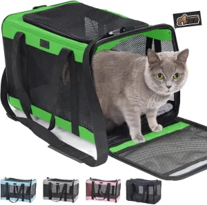 GORILLA GRIP Cat Carrier Travel Bag Up to 15 Lbs, Soft Collapsible Dog Carriers, Kennel for Small Animals, Top and Side Entry Breathable Mesh, Grip Feet Underside, Cozy Washable Waterproof Pad, Green