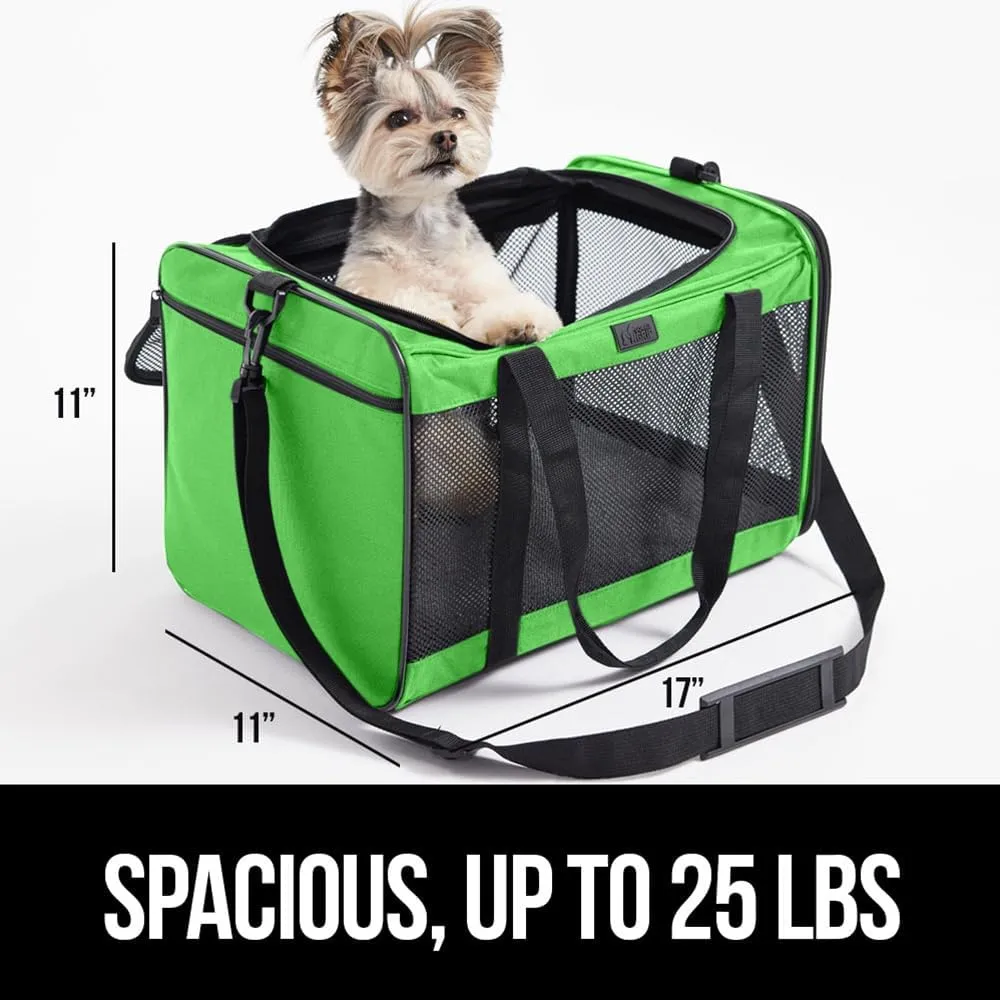 GORILLA GRIP Cat Carrier Travel Bag Up to 15 Lbs, Soft Collapsible Dog Carriers, Kennel for Small Animals, Top and Side Entry Breathable Mesh, Grip Feet Underside, Cozy Washable Waterproof Pad, Green