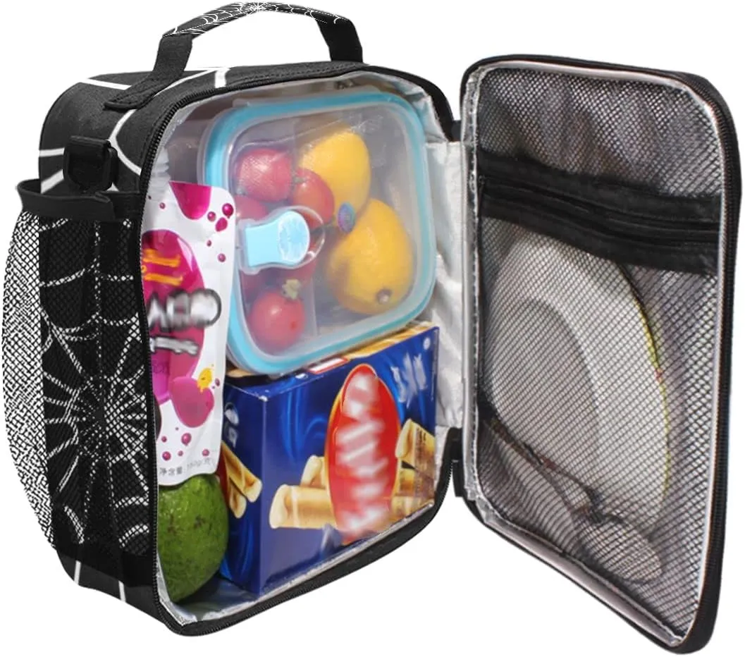 Goth Spider Web Lunch Box Halloween Insulated Lunch Bag Reusable Cooler Tote Bag with Shoulder Strap for Boys Girls Women Men School Work Outing