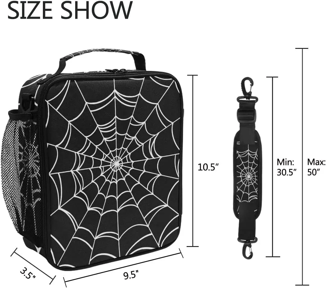 Goth Spider Web Lunch Box Halloween Insulated Lunch Bag Reusable Cooler Tote Bag with Shoulder Strap for Boys Girls Women Men School Work Outing