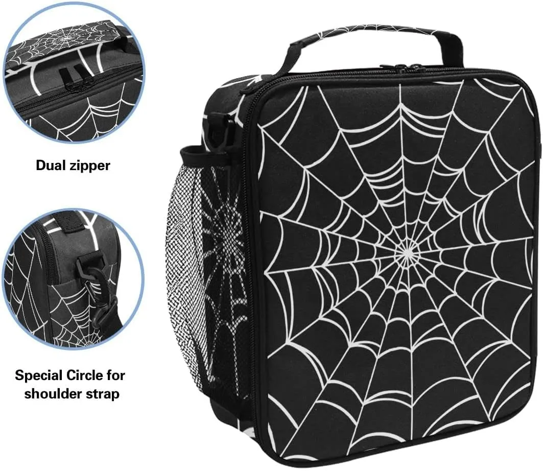 Goth Spider Web Lunch Box Halloween Insulated Lunch Bag Reusable Cooler Tote Bag with Shoulder Strap for Boys Girls Women Men School Work Outing