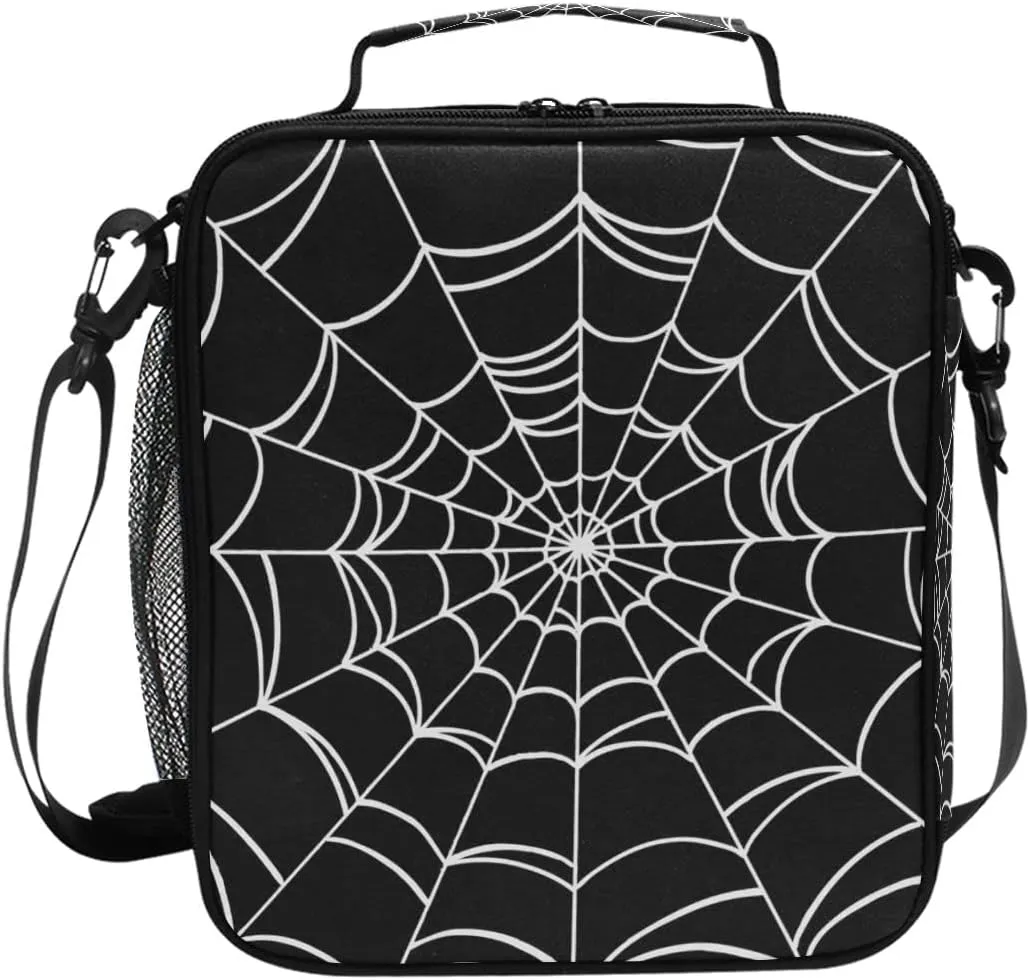 Goth Spider Web Lunch Box Halloween Insulated Lunch Bag Reusable Cooler Tote Bag with Shoulder Strap for Boys Girls Women Men School Work Outing
