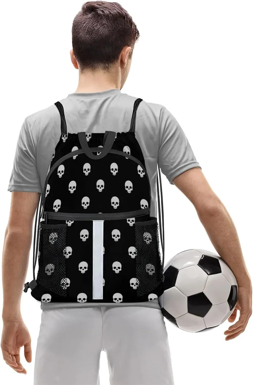Gothic Skull Drawstring Backpack Waterproof String Bag Sports Gym Sackpack with Side Pocket for Men and Women