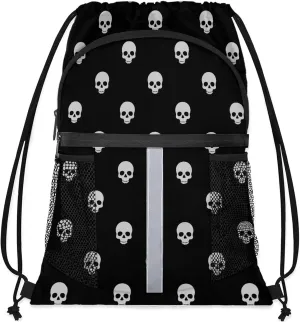 Gothic Skull Drawstring Backpack Waterproof String Bag Sports Gym Sackpack with Side Pocket for Men and Women
