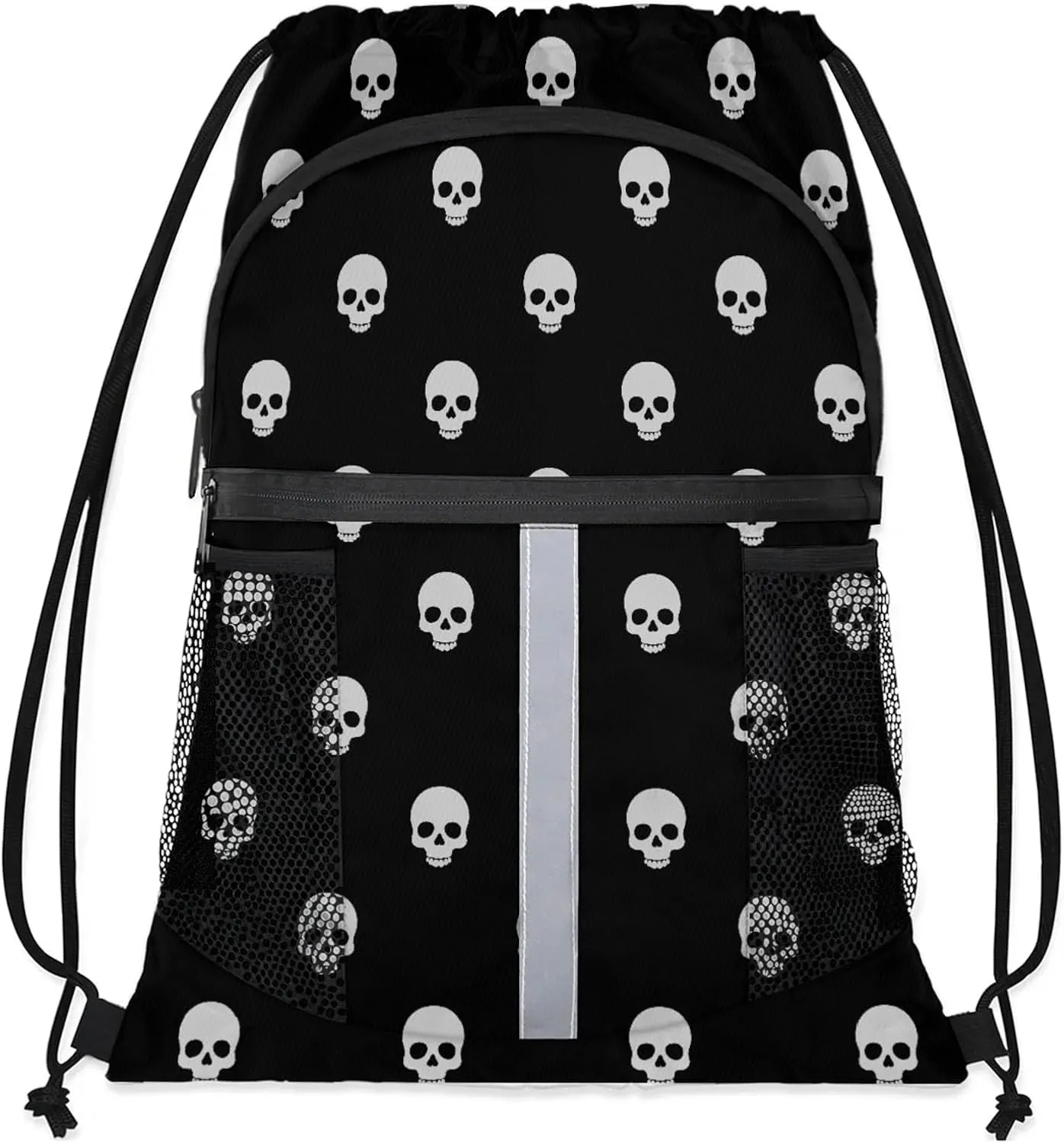 Gothic Skull Drawstring Backpack Waterproof String Bag Sports Gym Sackpack with Side Pocket for Men and Women