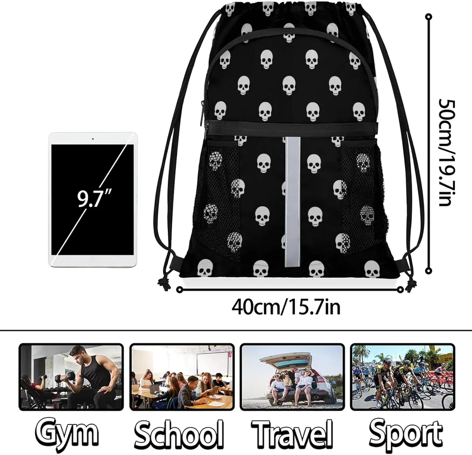 Gothic Skull Drawstring Backpack Waterproof String Bag Sports Gym Sackpack with Side Pocket for Men and Women