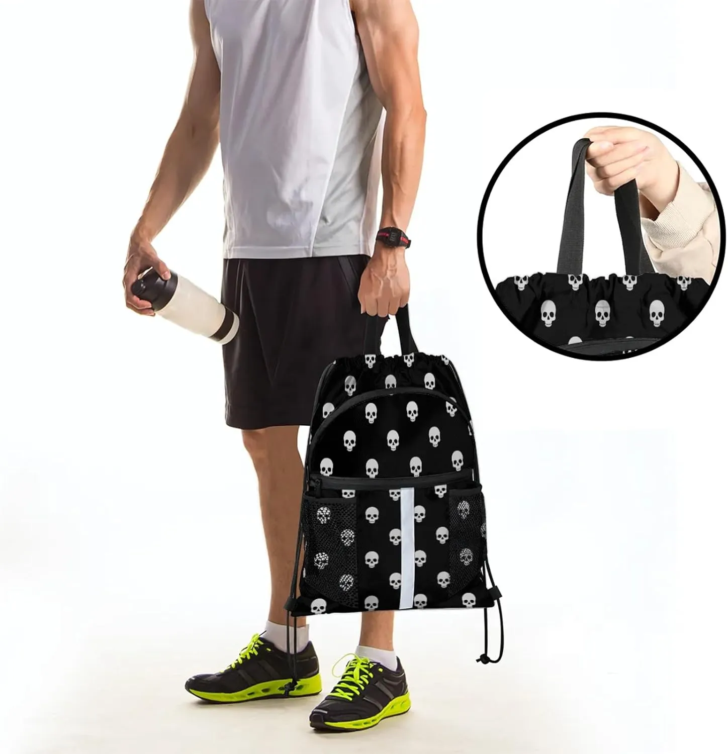 Gothic Skull Drawstring Backpack Waterproof String Bag Sports Gym Sackpack with Side Pocket for Men and Women