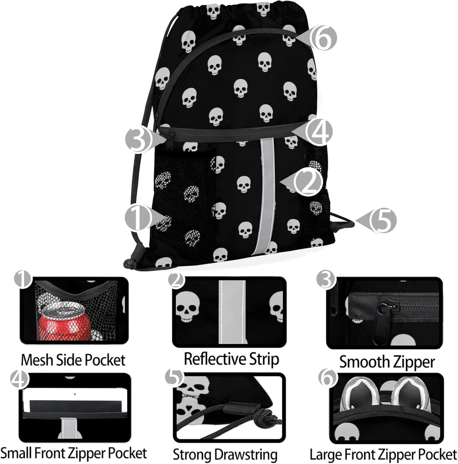 Gothic Skull Drawstring Backpack Waterproof String Bag Sports Gym Sackpack with Side Pocket for Men and Women