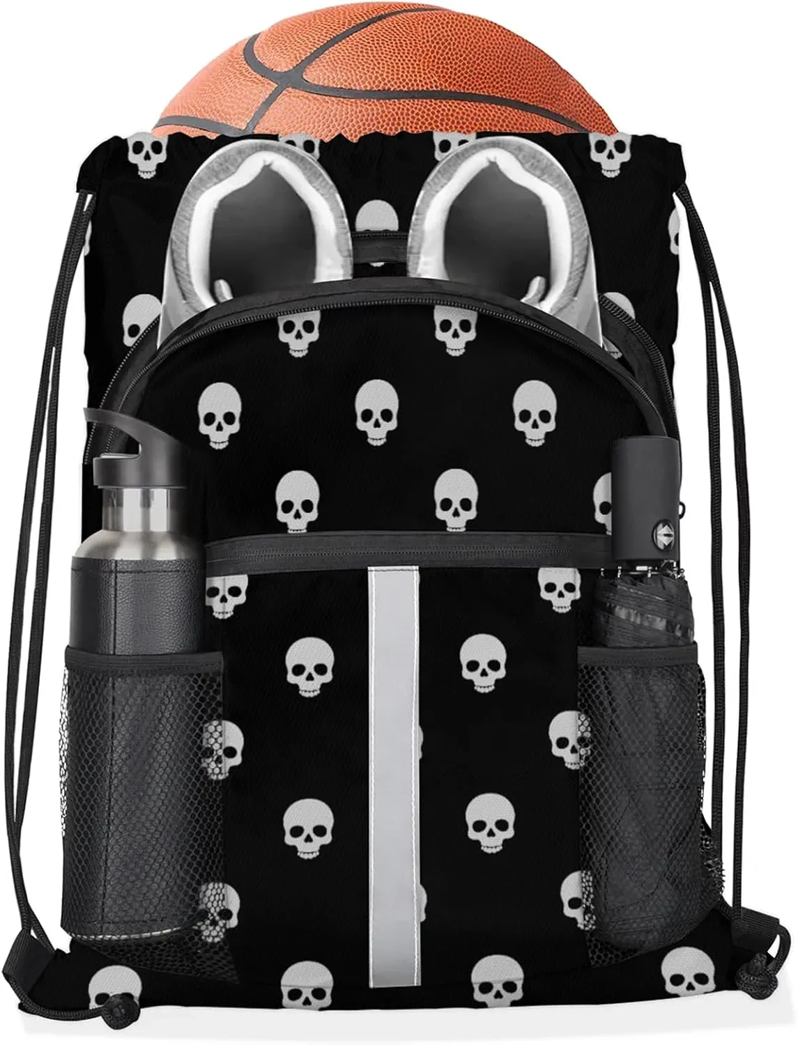 Gothic Skull Drawstring Backpack Waterproof String Bag Sports Gym Sackpack with Side Pocket for Men and Women