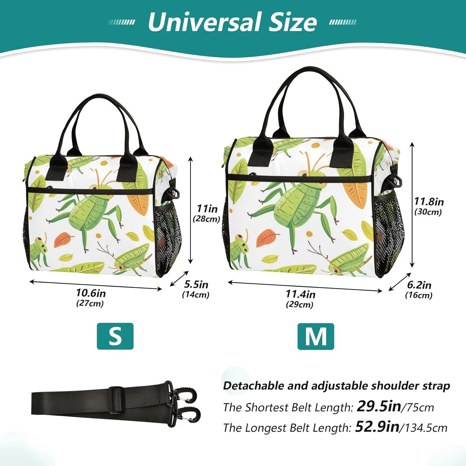 Green Grasshoppers Leaves Lunch Bag Reusable Lunch Box for Office Picnic Hiking Beach, Insulated Cooler Tote Food Container with Adjustable Shoulder Strap for Men Women Adults
