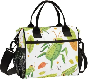 Green Grasshoppers Leaves Lunch Bag Reusable Lunch Box for Office Picnic Hiking Beach, Insulated Cooler Tote Food Container with Adjustable Shoulder Strap for Men Women Adults