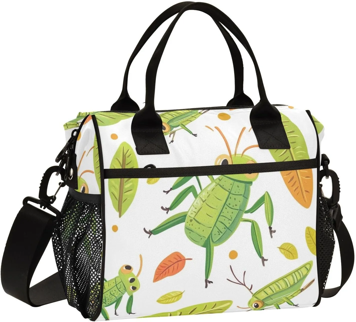 Green Grasshoppers Leaves Lunch Bag Reusable Lunch Box for Office Picnic Hiking Beach, Insulated Cooler Tote Food Container with Adjustable Shoulder Strap for Men Women Adults