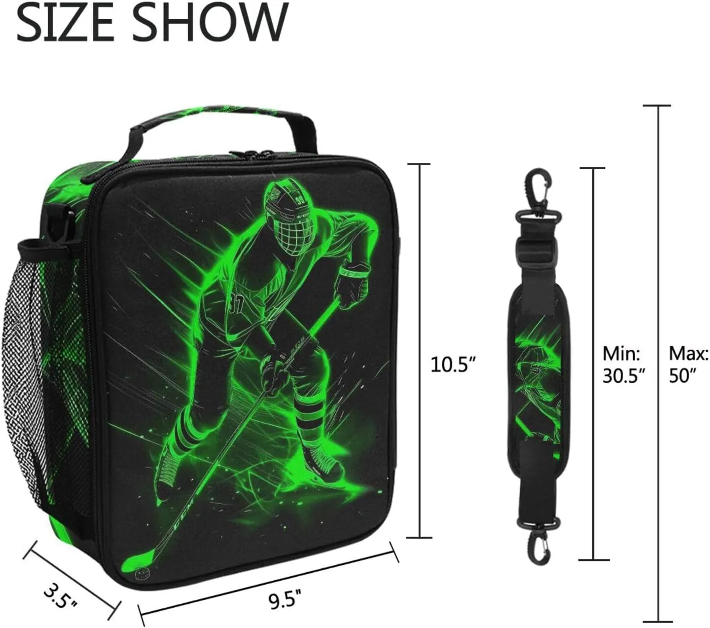 Green Hockey Player Lunch Box for Girls Boys Insulated Lunch Bag with Adjustable Shoulder Strap Kids Children Thermal Lunchbox Tote Bags Cooler School Office Picnic