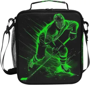 Green Hockey Player Lunch Box for Girls Boys Insulated Lunch Bag with Adjustable Shoulder Strap Kids Children Thermal Lunchbox Tote Bags Cooler School Office Picnic