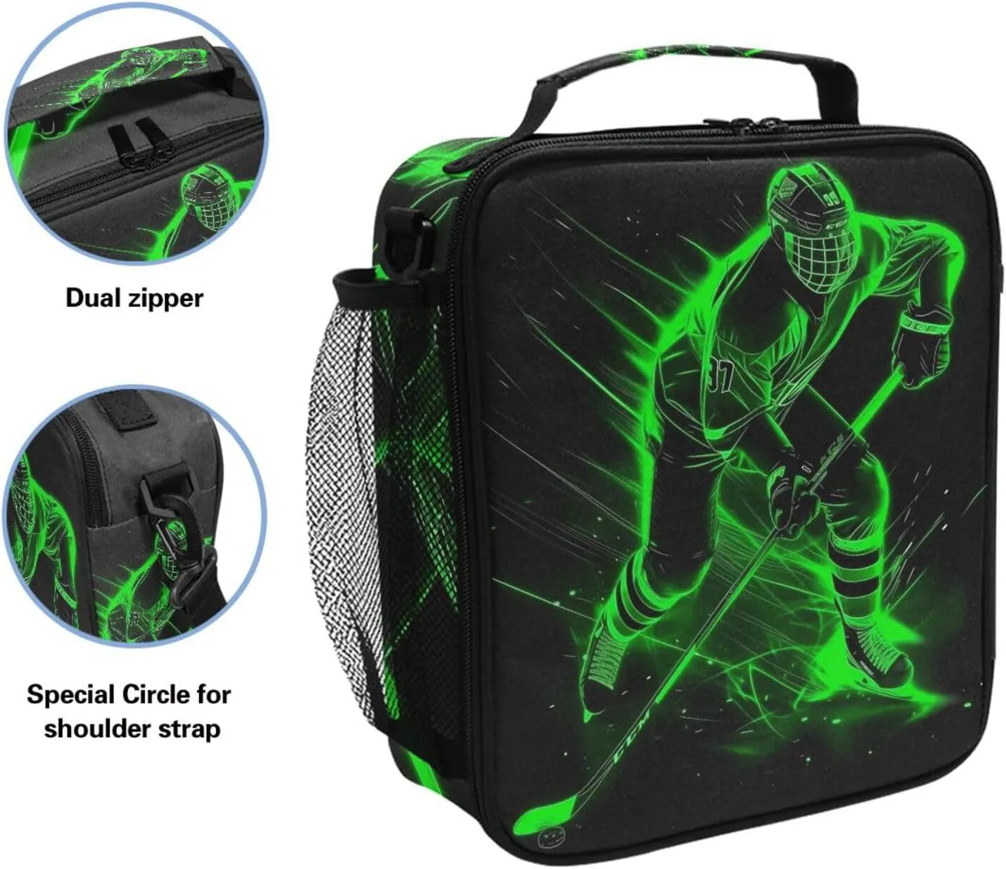 Green Hockey Player Lunch Box for Girls Boys Insulated Lunch Bag with Adjustable Shoulder Strap Kids Children Thermal Lunchbox Tote Bags Cooler School Office Picnic