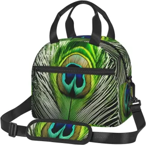 Green Peacock Feather Print Foods Insulated Lunch Bag Cute Tote Box Leakproof Cooler Adjustable Shoulder Strap
