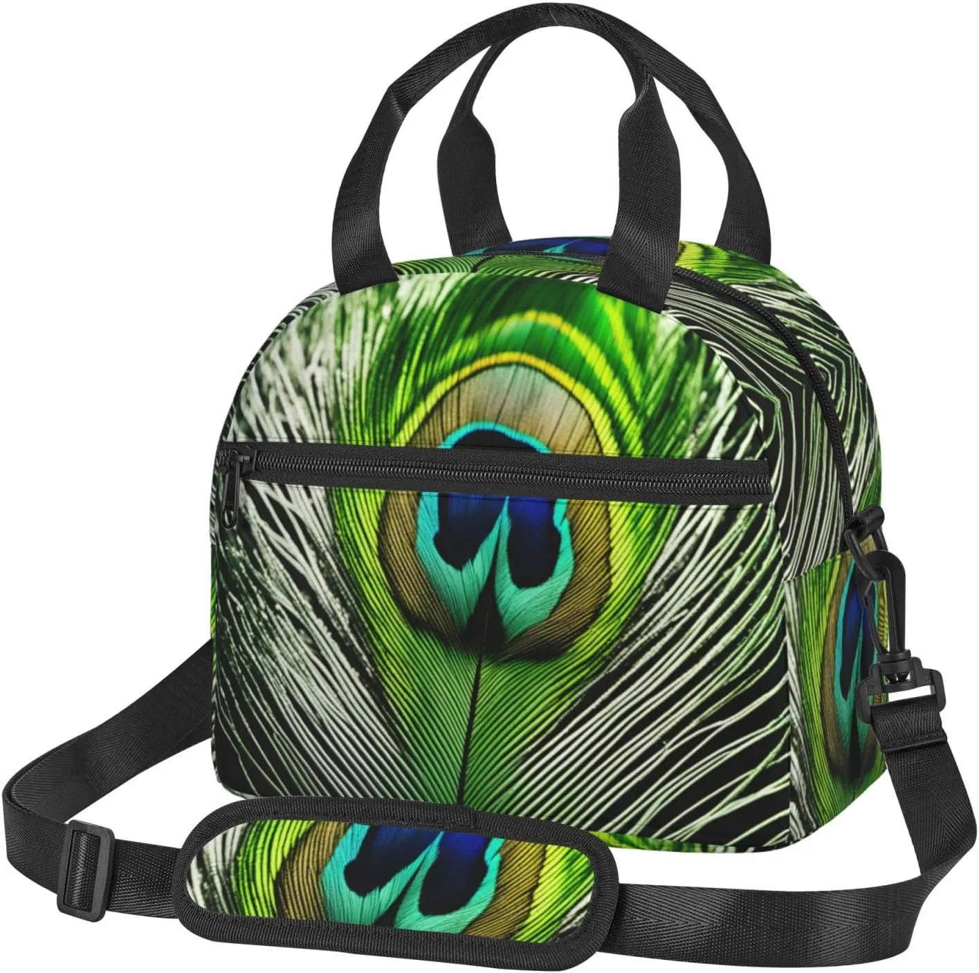 Green Peacock Feather Print Foods Insulated Lunch Bag Cute Tote Box Leakproof Cooler Adjustable Shoulder Strap