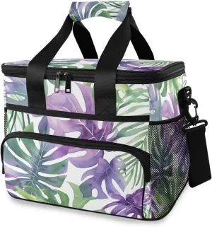 Green Purple Watercolor Tropical Leaves Cooler Bag Insulated Cooler Soft Sided Cooler 24 Can Portable Picnic Bag Large Leakproof Lunch Bag Box for Beach Grocery Camping Travel Car Men Women