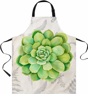 Green Succulent Waterproof Apron With Pockets, Summer Tropical Vintage Botanical Herb Kitchen Chefs Bib Cooking BBQ Grill Bake Adjustable Aprons for Women/Kids Home Garden Grooming Painting Gardening