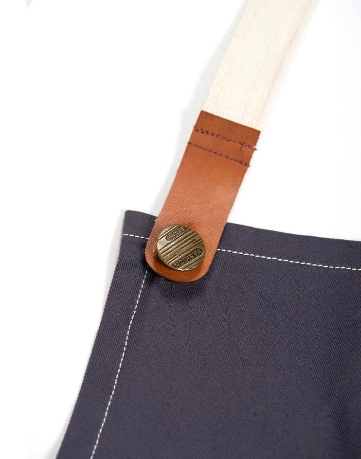 Grey Apron with White Canvas Straps and Leather Details