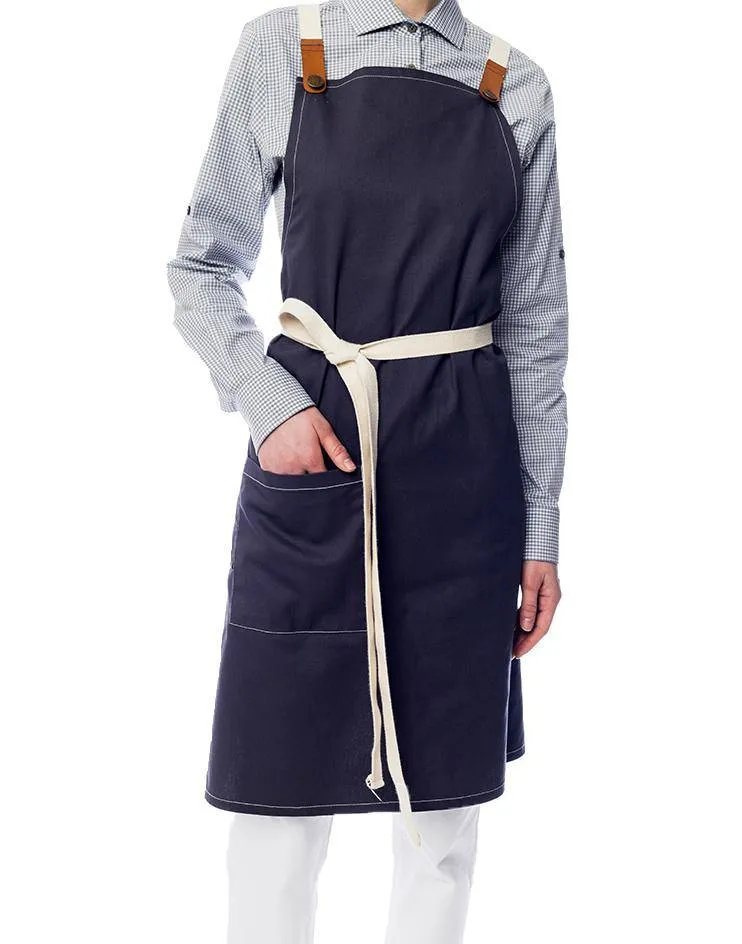 Grey Apron with White Canvas Straps and Leather Details
