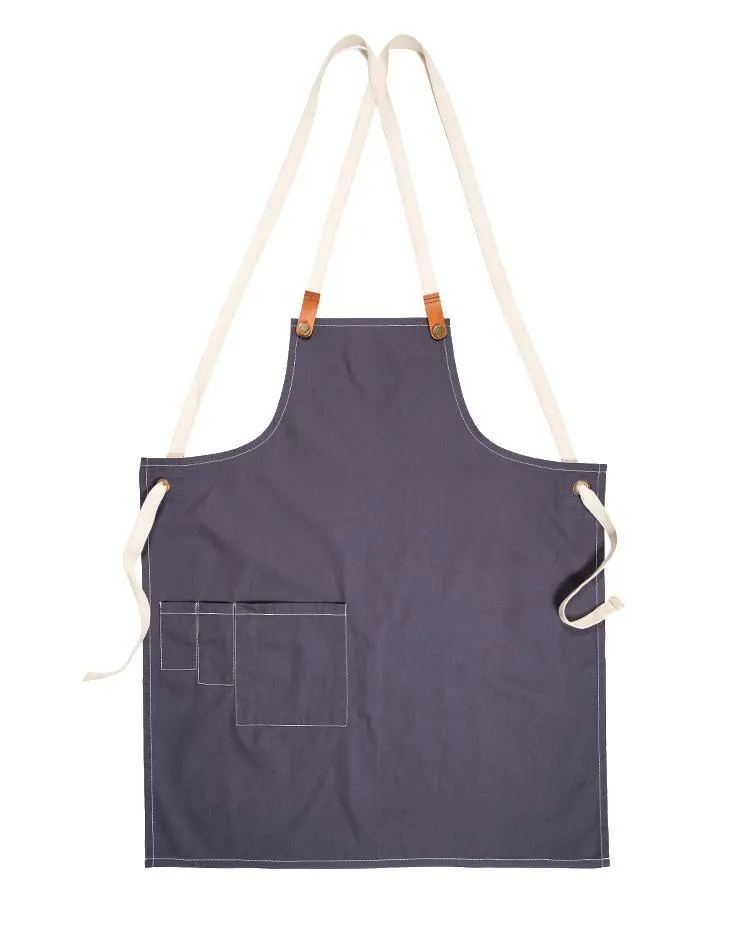 Grey Apron with White Canvas Straps and Leather Details