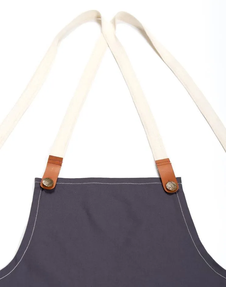 Grey Apron with White Canvas Straps and Leather Details
