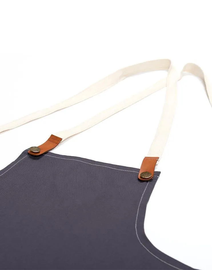 Grey Apron with White Canvas Straps and Leather Details