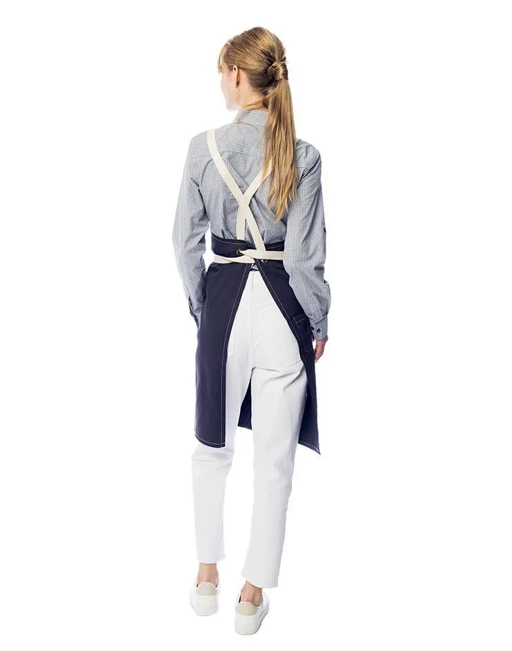 Grey Apron with White Canvas Straps and Leather Details
