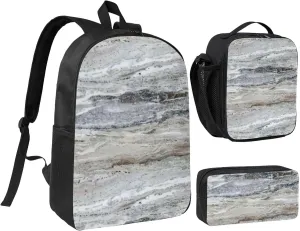 Grey Granite Stone Look Pattern Backpack Combo (Backbag  Lunch Bag   Pen Bag) – Waterproof Oxford, Adjustable Straps, Minimalist Unisex Design