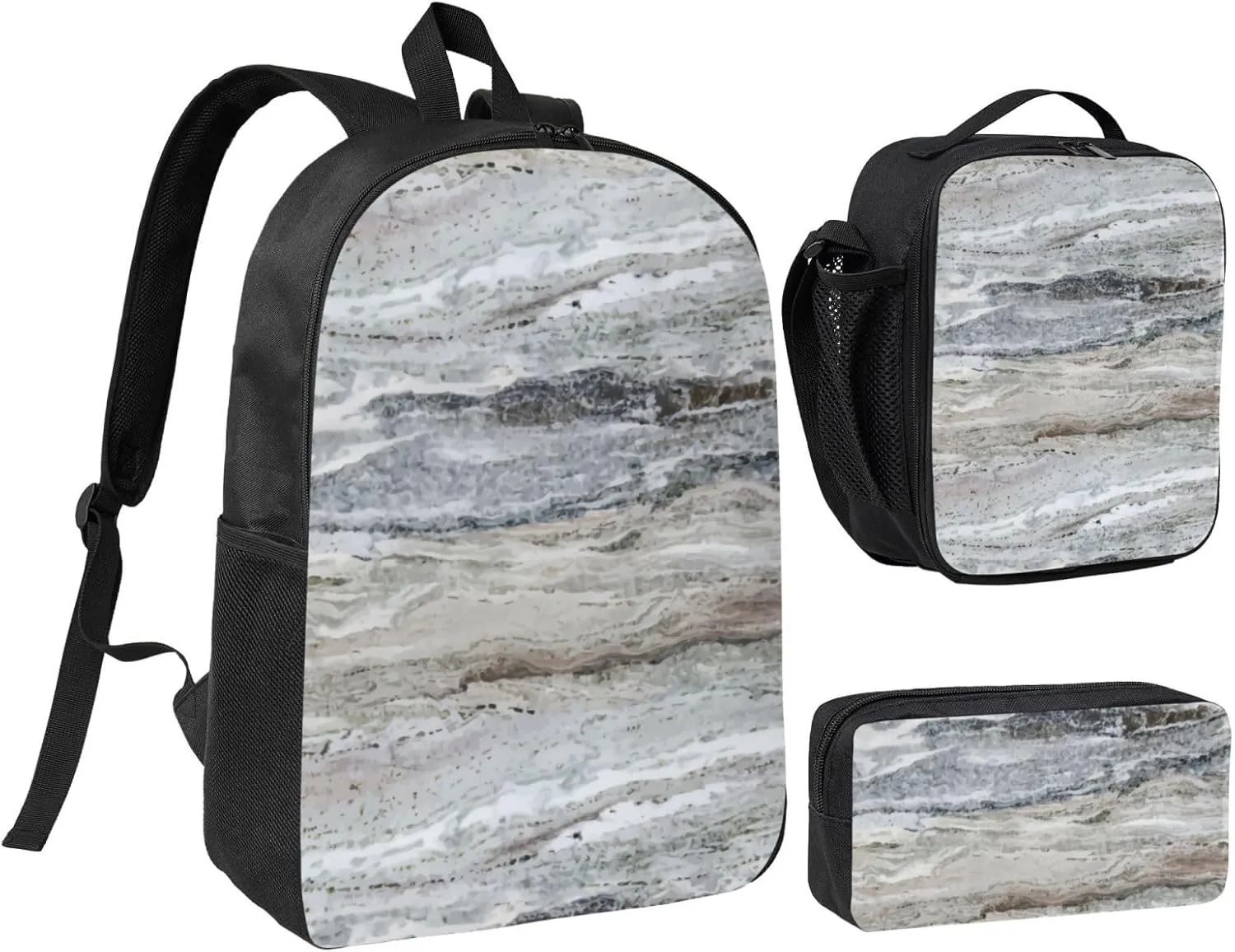 Grey Granite Stone Look Pattern Backpack Combo (Backbag  Lunch Bag   Pen Bag) – Waterproof Oxford, Adjustable Straps, Minimalist Unisex Design