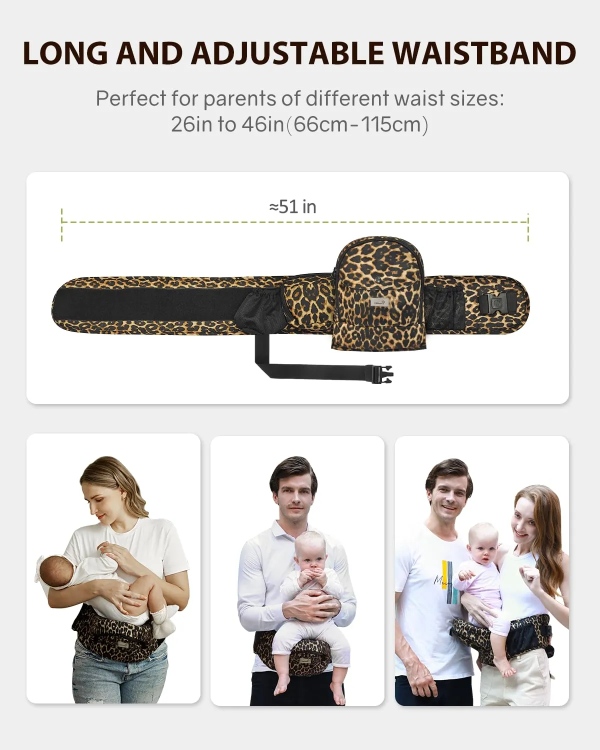 GROWNSY Baby Hip Carrier with Seat, Supportive Hip Side Seat Carrier for Baby Child Toddler(8-50lbs), Large Capacity Pockets, Adjustable Waistband, Leopard