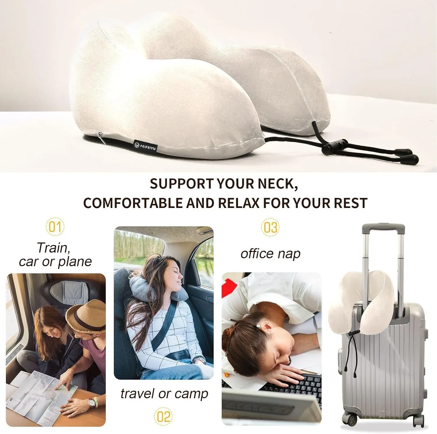 GuoChe Beige White Portable U-Shape Memory Foam Travel Neck Pillow Travel Accessories Must Airport Tailbone Comfortable