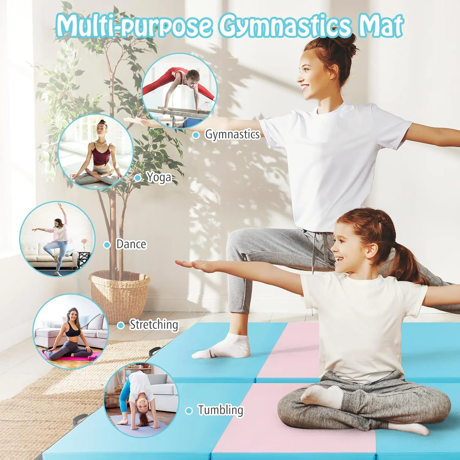 GYMAX Gymnastics Mat, 4 FT x 8 FT x 2 Inches Folding Exercise Mat w/Carry Handles & Sturdy Stitching Waterproof Cover, Tumbling Mat for Yoga Stretching Martial Arts Home Gym