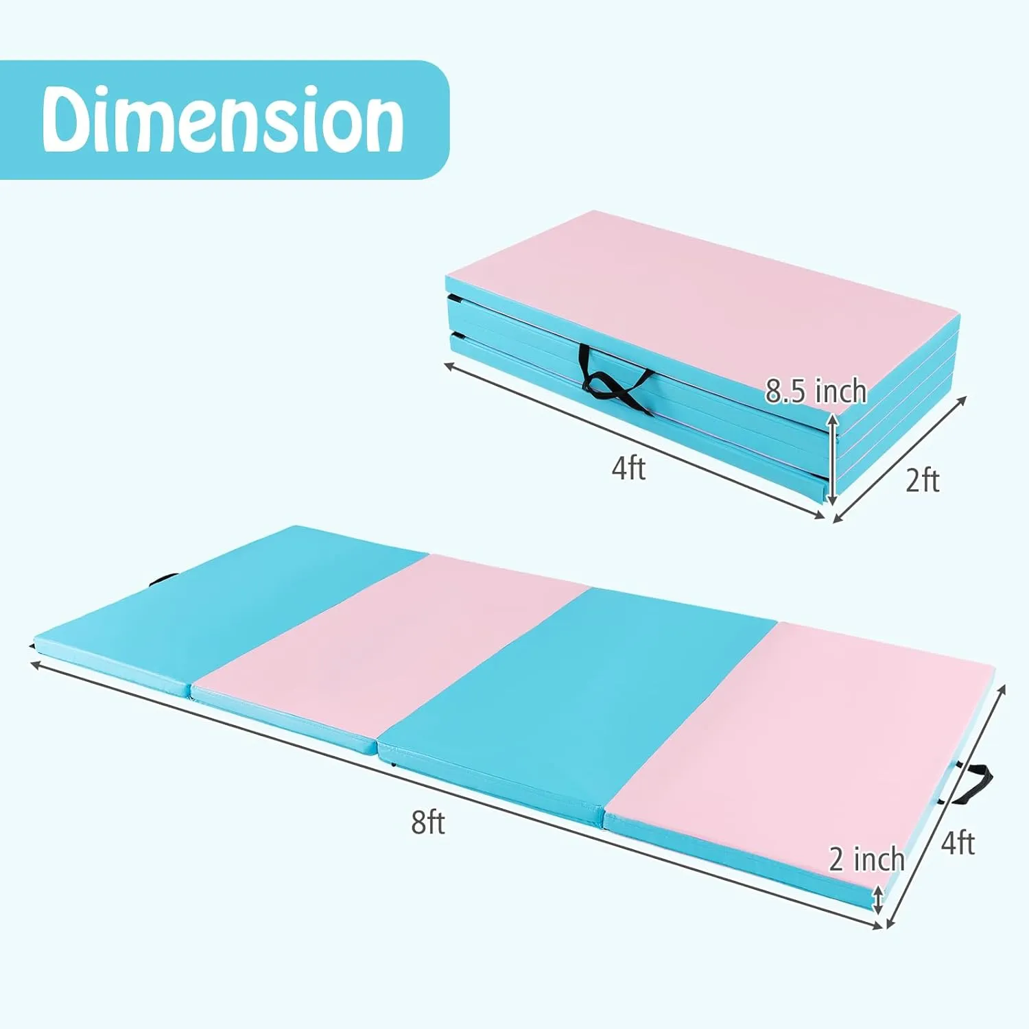 GYMAX Gymnastics Mat, 4 FT x 8 FT x 2 Inches Folding Exercise Mat w/Carry Handles & Sturdy Stitching Waterproof Cover, Tumbling Mat for Yoga Stretching Martial Arts Home Gym