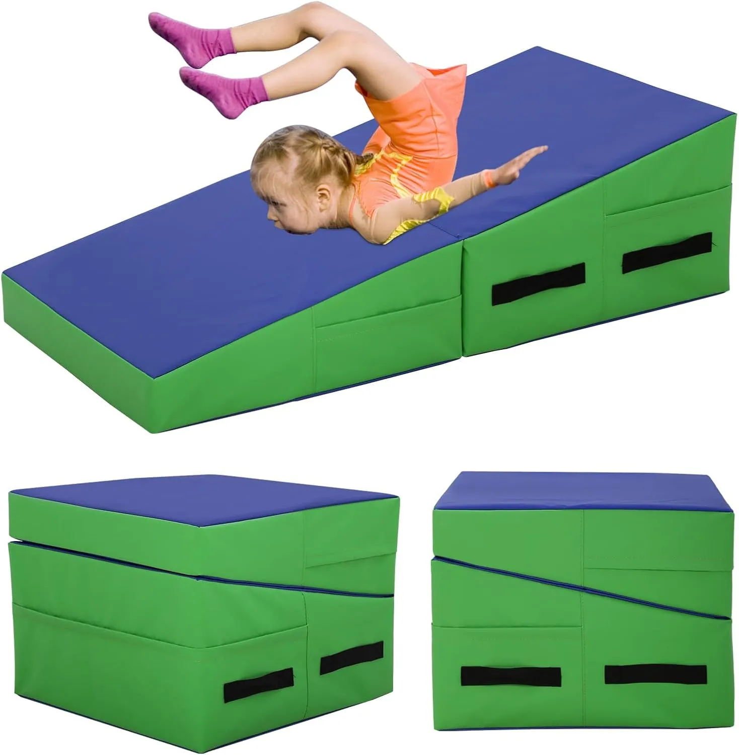 Gymnastics Mat 34”X24”X14” Incline Tumbling Mats for Home Gym, Folding Exercise Mat Cheese Wedge Mat with Non-Slip PVC Surface & Handles for Kid Adults Workout