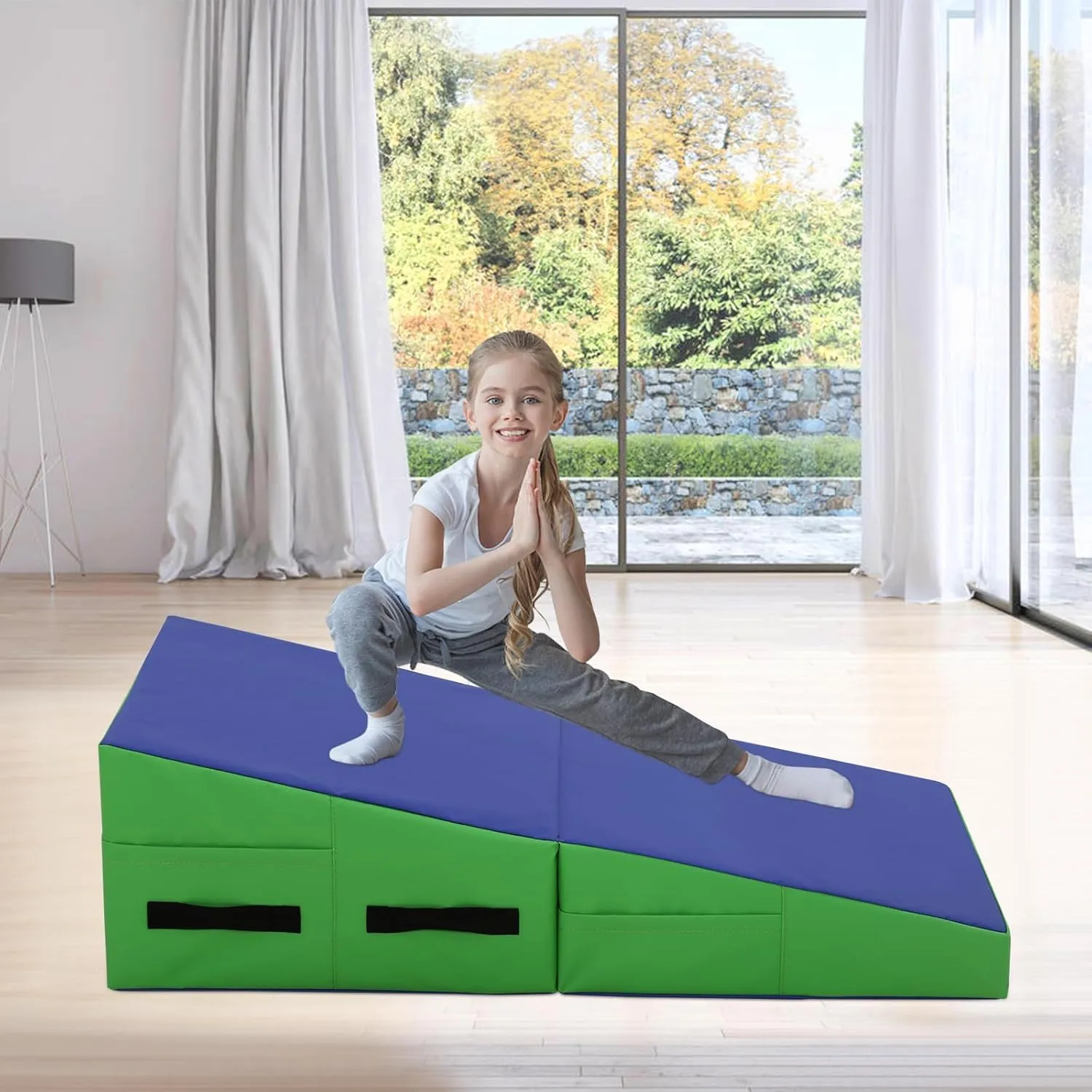 Gymnastics Mat 34”X24”X14” Incline Tumbling Mats for Home Gym, Folding Exercise Mat Cheese Wedge Mat with Non-Slip PVC Surface & Handles for Kid Adults Workout