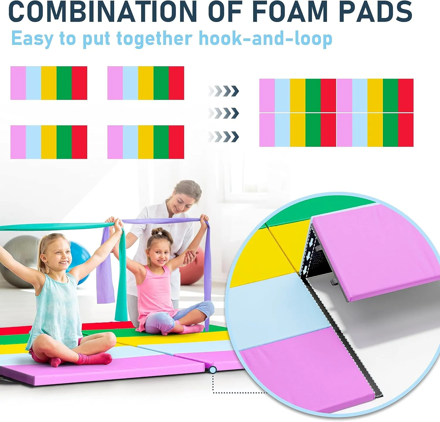 Gymnastics Mats for Tumbling, 1.5" Thick Folding Exercise Mats W/Hook & Loop, Non-Slip Bottom & Carrying Handles, Rainbow Tumbling Mats for Kids, Gym Mats for Home