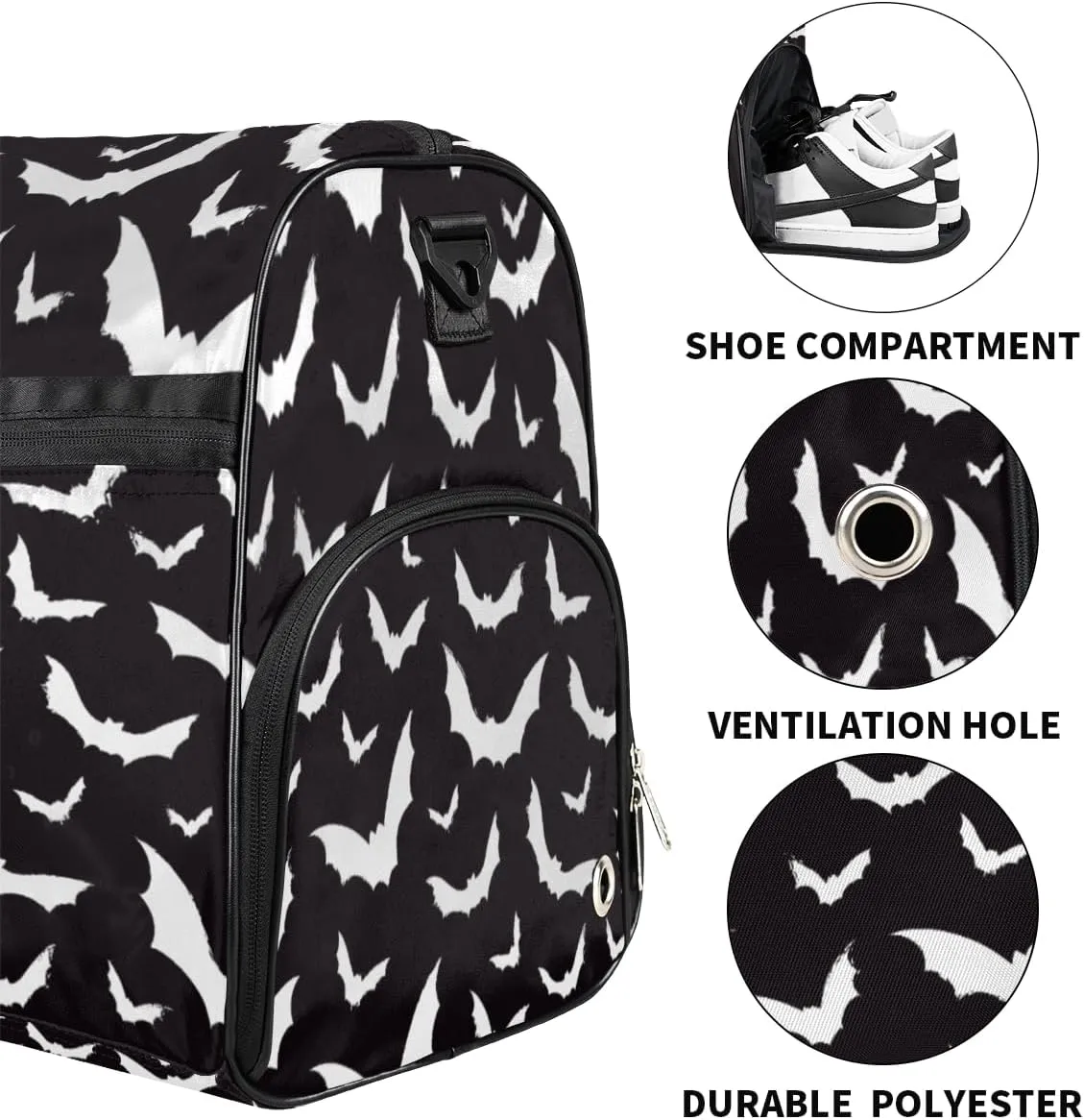 Hallowen Scary Bats Dry Wet Depart Duffle Overnight Bag with Shoes Compartment & Wet Pockets, Water Resistant Weekender Travel Gym Pouch For Swim Gymnastics Ballet Sleepovers