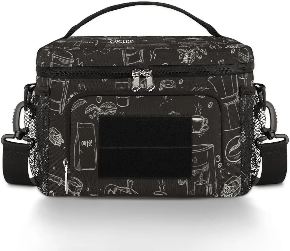 Hand Drawn Coffee Equipment Composition Background Tactical Lunch Box for Men Insulated Lunch Bag Durable Leakproof Cooler Bag with Shoulder Strap and Sturdy Handle for Work Outdoor Picnic Trips
