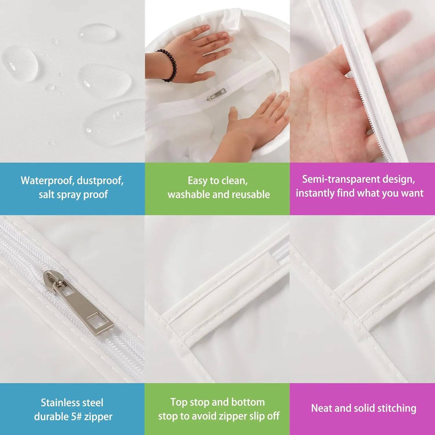 Hanging Garment Bags 7 Piece Set - 60 Inch Translucent Dust Proof Clothes Bag White Breathable Full Zipper Dust Cover for Suit Dance Costumes Gown Dress.